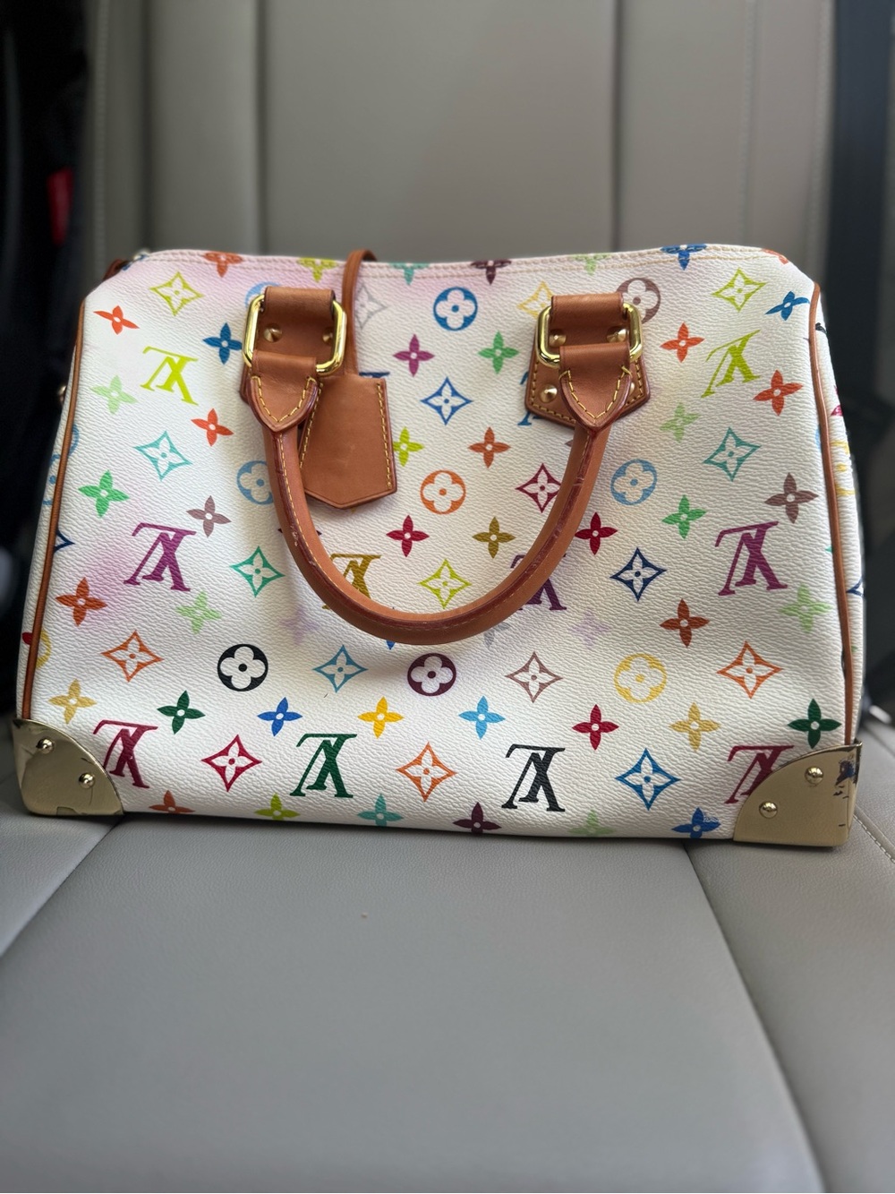 Louis Vuitton White Multicolor Monogram Satchel with Pink Pocket and Tan Handles - Picture 3 of 5